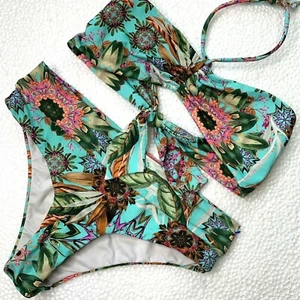 Sz 14 OndadeMar Girls Bandeau Halter Bikini Set Botanical Floral Print Turquoise - Picture 1 of 5