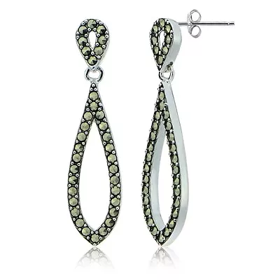 Sterling Silver Marcasite Open Double Teardrop Dangle Earrings  - Image 1 of 4