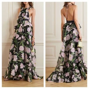 Carolina Herrera Floral Peony Print Ruffle Rosette Chiffon Gown Silk Organza - Picture 1 of 9
