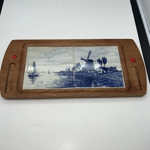 Vintage HP Delft Blue Double Tile Windmill and Sailboat Wooden Tray 8" x 17.5" - Picture 1 of 6