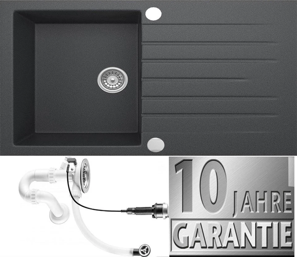 Granitspüle Schwarz Küchenspüle Siphon Einbauspüle Spülbecken Spüle 76x44 Küche - Bild 1 von 4