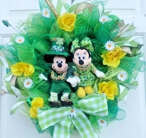 St. Patrick's Day Mickey Minnie Mouse Front Door Wreath Large Handmade Deco Mesh - Picture 1 of 12