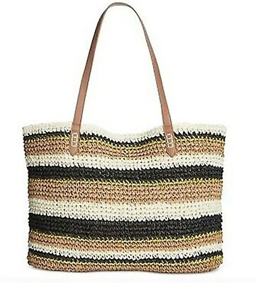 Bolso de Mano INC Tejido de Paja Negro Marrón Rayas Correa de Cuero 20" x 14" x 13" Foto 1 de 4