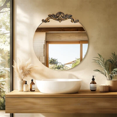 Large Round Wall Mirror Chic Carved Bathroom Vanity Mirror Rustic Accent Mirror - Image 1 of 4