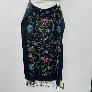 Cejon Womens Floral Embroidered Rectangle Neck Scarf with Fringe Viscose Black - Picture 1 of 6