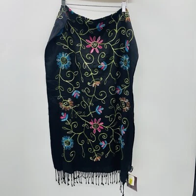 Cejon Mujer Floral Bordado Rectángulo Cuello Bufanda con Flecos Viscosa Negro Foto 1 de 4