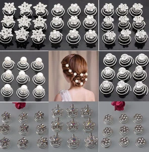 12 Silver Wedding Bridal Crystal Hair Twists Swirls Pins Spirals Pearl Flower - Picture 1 of 55