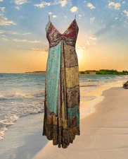 Womens Summer Maxi Dress, Halter Dresses, Blue Beige Summer Boho Beach Maxi S/M