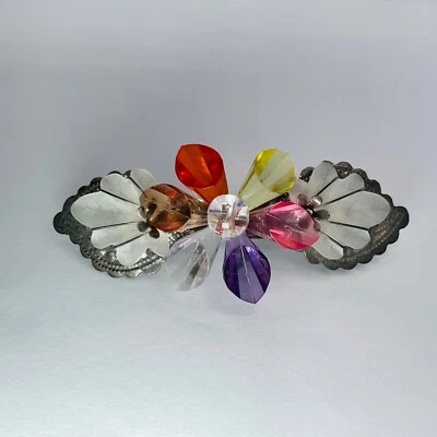 VTG Barrette 4” Lucite Flower Leaf Silver Tone Colorful Acrylic Metal Clip 90s - Image 1 of 4