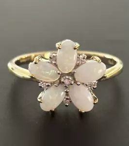9ct 375 Yellow Gold Opal and Diamond Posey Cluster Ring, Size N, US 7 - Picture 1 of 5
