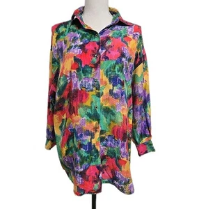 Top retro de manga larga con botones acuarela 100 % seda Basic Editions talla L para mujer - Imagen 1 de 7