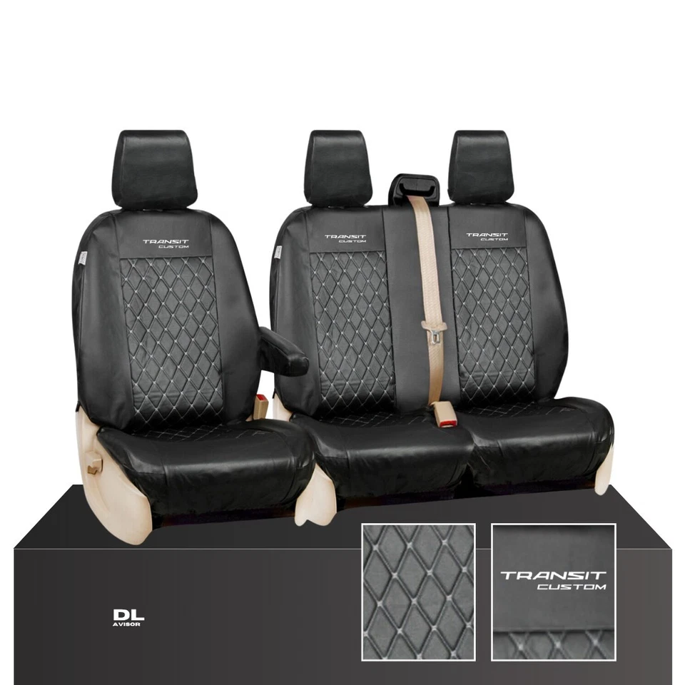 TAILORED FOR TRANSIT CUSTOM 2021 2022 - DIAMOND QUILTED LEATHER VAN SEAT COVERS - Image 1 of 1