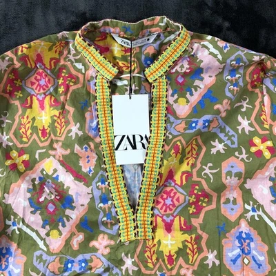 Blusa para mujer Zara grande verde cuello mandarín cuello dividido túnica camisa boho top Foto 1 de 4