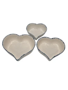 Vintage Taiwan Ceramic Heart Nesting Bowls Blue Speckled Trim Set of 3 - Picture 1 of 11