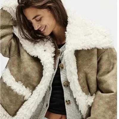 Free People Kiki Sherpa Jacket Womens L Cozy Faux Fur Boho Chic Rustic Beige  - Image 1 of 4