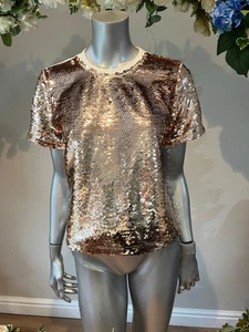 TED BAKER Top Womens TB 2 UK 10 Cream Gold Sequin Short Sleeve T Shirt NEW - Picture 1 of 13