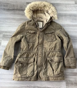 American Eagle Mens Olive Parka Jacket Size L Hooded Sherpa Lining  - Picture 1 of 10