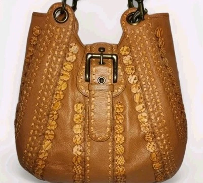 ISABELLA FIORE FULL CIRCLE  BRITTA LEATHER WHIPSTICHED APPLIQUE VINTAGE HOBO$695 - Image 1 of 4