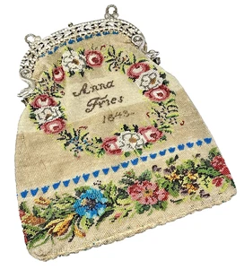1843 Antique Beaded Purse Bag Silver Frame  Micro Beads Handmade Dated Named - Picture 1 of 21