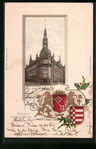 Passepartout-Lithographie Bremen, Straßenansicht der Baumwollbörse, Wappen 1904  - Picture 1 of 2