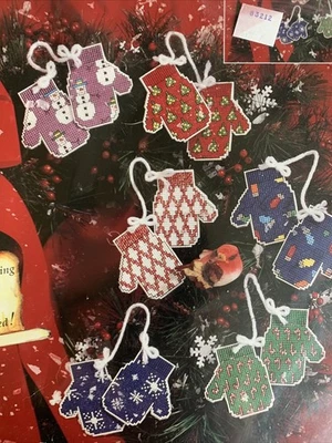Mitten Christmas Ornaments Plastic Canvas Cross Stitch Kit Janlynn Set of 6 NIP - Image 1 of 4