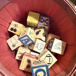 Vtg Wood Alphabet Blocks In Apple Basket 26 Complete Learning Toys - Picture 1 of 4