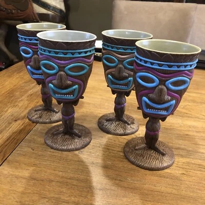 Lot of 4 Plastic Totem Tiki Head Stemware Cups Hawaiian Luau Party Goblets Decor - Image 1 of 4
