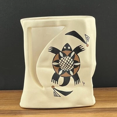 Ceramic Paper Bag Votive Candle Holder with Cutout Hand Painted Turtle USA - Image 1 of 4