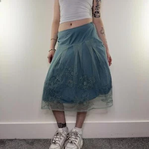Y2K vintage mesh fishnet double layered midi skirt a line floral embroidered - Picture 1 of 8