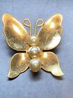Vintage Signed Coro Butterfly Brooch Gold Tone 3 Faux Pearl Body Pin