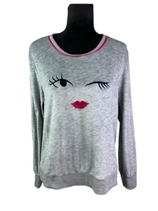 Kate Spade New York Size L Gray Velour Pajama Top Girly Winking Eye  - Picture 1 of 9