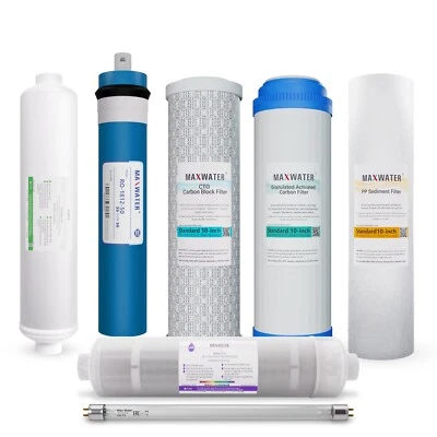 11 Stage RO System replacement Filter Set 5 in1 Alkaline UV 2 Pins Bulb + 50 GPD - Image 1 of 4