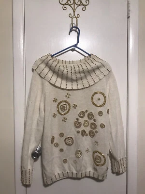 Victoria Harbour Vintage Beaded Tunic Cowl Neck Sweater White Size Large Damaged - Image 1 of 4