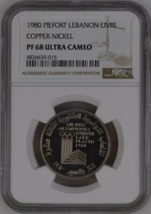 LEBANON , PIEFORT 1 LIVRE LAKE PLACID OLYMPICS 1980 - NGC PF 68 UC , RAREZ - Picture 1 of 2