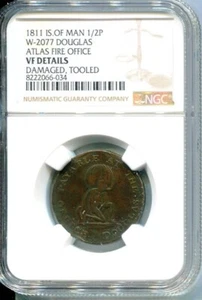 ISLE OF MAN 1811 1/2 PENNY DOUGLAS ATLAS FIRE OFFICE W-2077 NGC VF DETAILS 'RARE - Picture 1 of 2