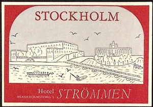 Etiqueta de equipaje vintage con vista exterior Stockholm Hotel Strommen 3 x 4,25" - Imagen 1 de 2