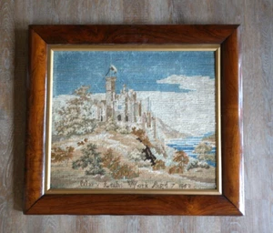 Antique Framed Needlepoint Cross-Stitch Art Castle Landscape Scene 27" x 24" - Picture 1 of 8