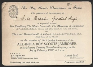 ALL INDIA BOY SCOUTS JAMBOREE 1937 Baden Powell visit invitation card - Picture 1 of 2