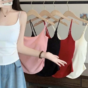 Hot Girl Solid Color Spaghetti Strap Sleeveless Pleated Camisole With Chest Pad - Picture 1 of 13
