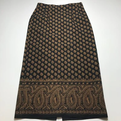 Saia Briggs New York tamanho 10 preta dourada estampa paisley longa modesta elástica - Imagem 1 de 4