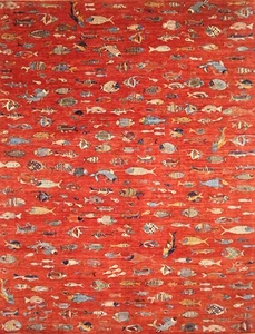 9 x 12 ft Red Fish Gabbeh Afghan Hand Knotted Wool Tribal Area Rug - Picture 1 of 19