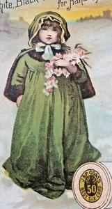 Victorian Trade Card J & P COATS THREAD CUTE GIRL IN GREEN COAT WITH FLOWERS D - Picture 1 of 4