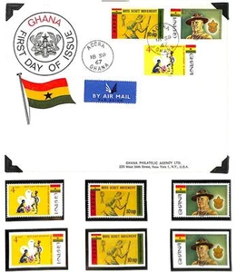 GHANA BOY SCOUTS SCOTT #308-10 STAMP SET ON FDC USED TO USA + PERF & IMPERF 1967 - Picture 1 of 1