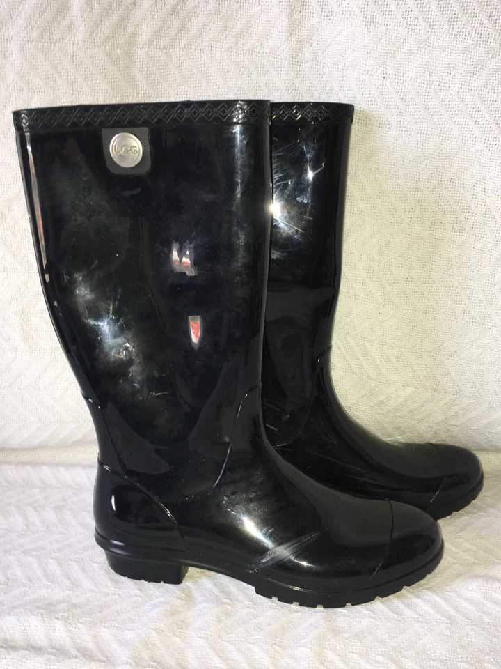 Damas Talla 8 (10") UGG Sienna Alto Brillo Negro Goma Botas de Lluvia Galoshes Altos Foto 1 de 4