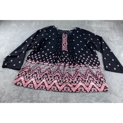 Zac & Rachel Woman Black Pink Diamond Boho Tunic Blouse Top Plus Size 2X - Image 1 of 4