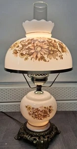 Vintage Hurricane Parlor Lamp Milk Glass Yellow & Brown Floral Lighted Base GWTW - Picture 1 of 18