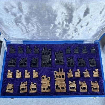 Vintage Rajasthani Hand Carved Sandalwood & Ebony Blackwood Chess Set - Image 1 of 4