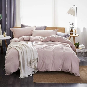 Duvet Cover Queen,Washed Microfiber Pink Queen Size Duvet Cover Set,Solid Color - Picture 1 of 6