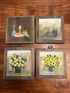 Plaque murale en bois décor vintage lot de 4 fruits et fleurs motif peint main - Photo 1/6