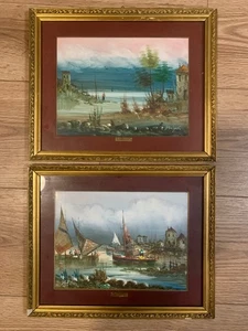 Pair Vintage Coastal Harbor Paintings Signed E. Balzak Mid Century Original Art - Picture 1 of 10